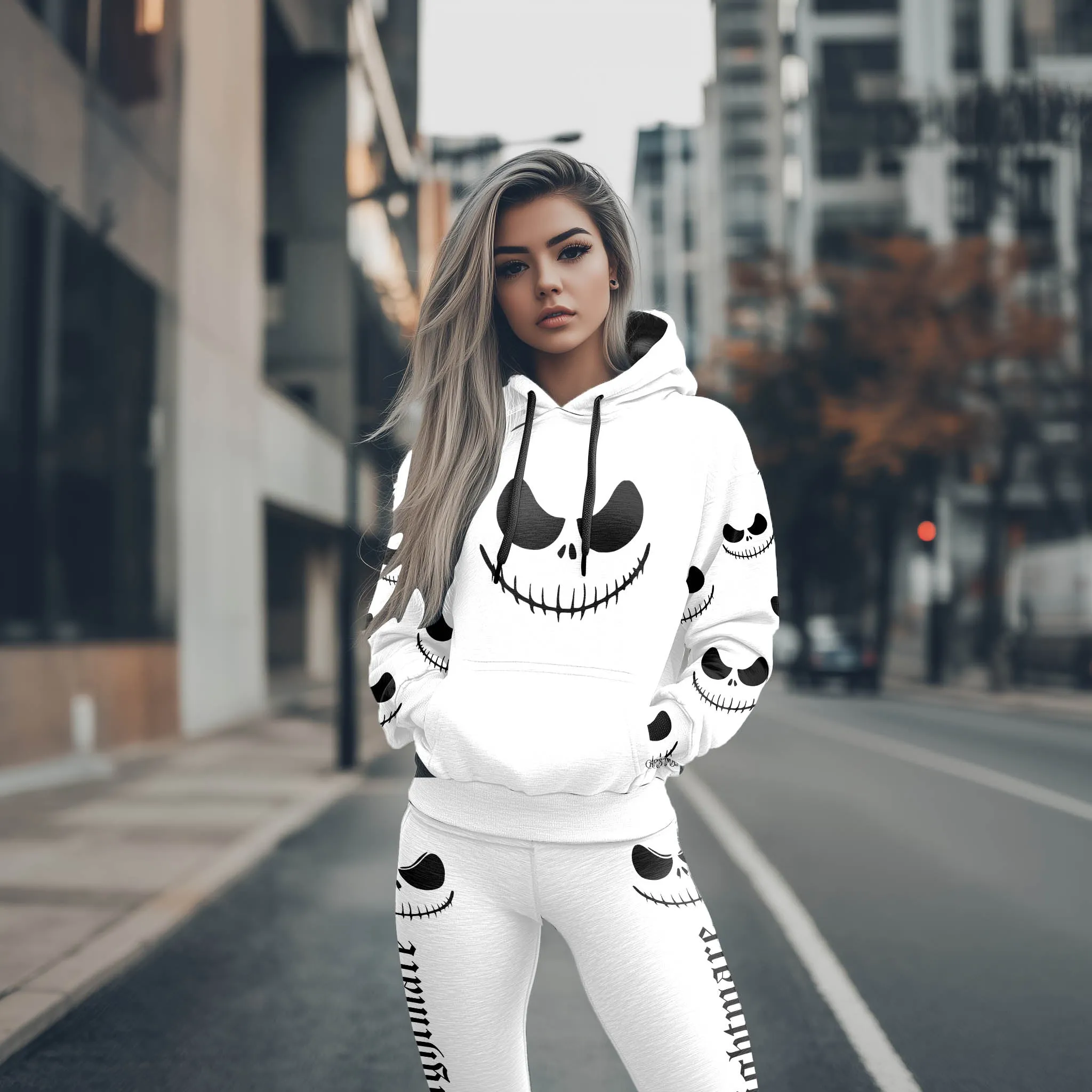 Women Hoodie and Leggings, Black & White Art Outwear Pants Outfit