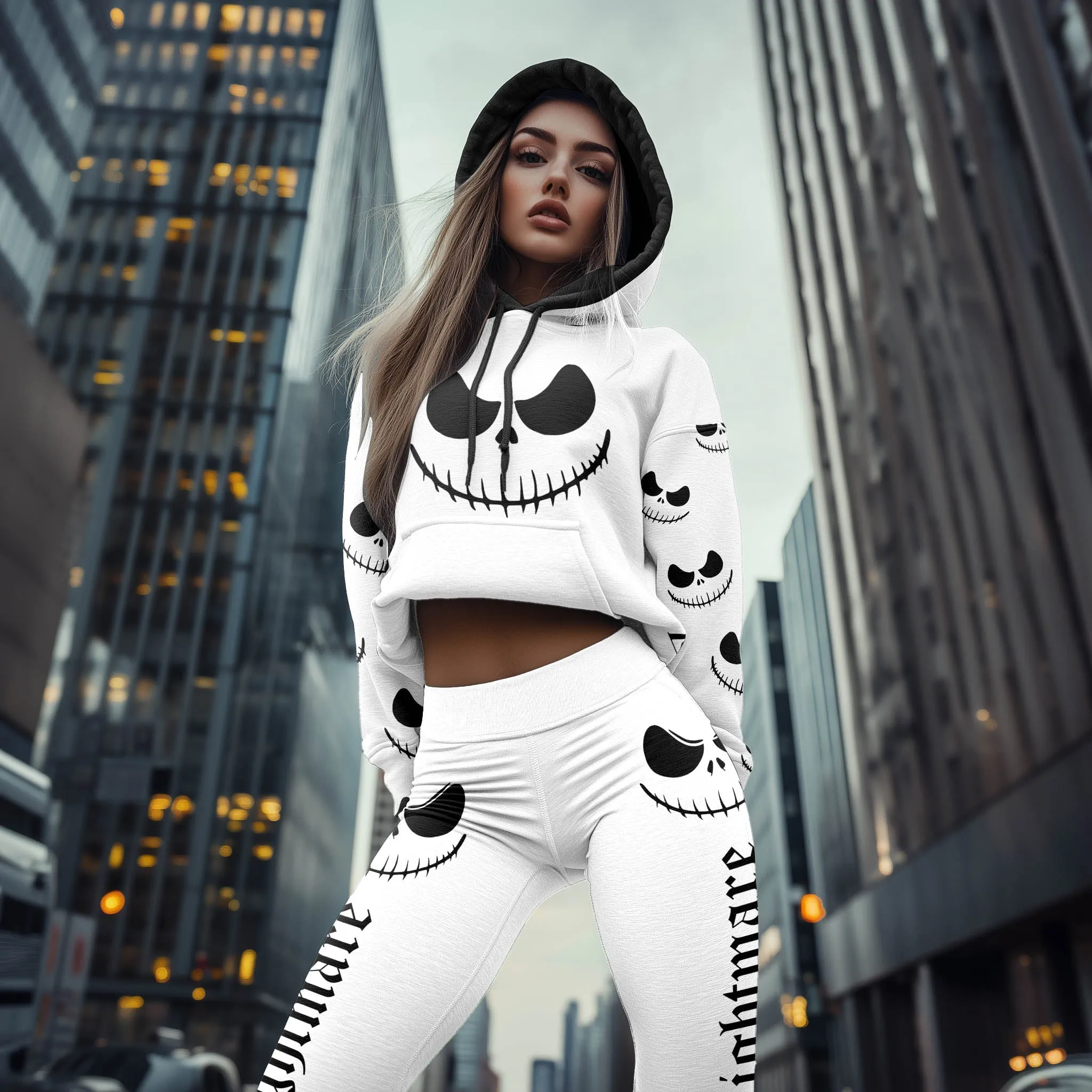 Women Hoodie and Leggings, Black & White Art Outwear Pants Outfit