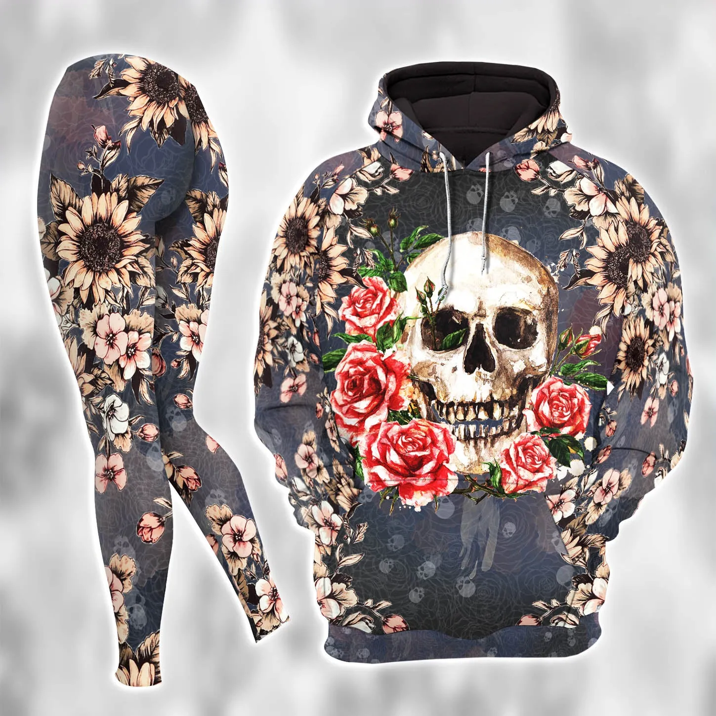 Women Hoodie and Leggings, Retro Skull Flower Outwear Pants Outfit