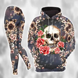 Women Hoodie and Leggings, Retro Skull Flower Outwear Pants Outfit