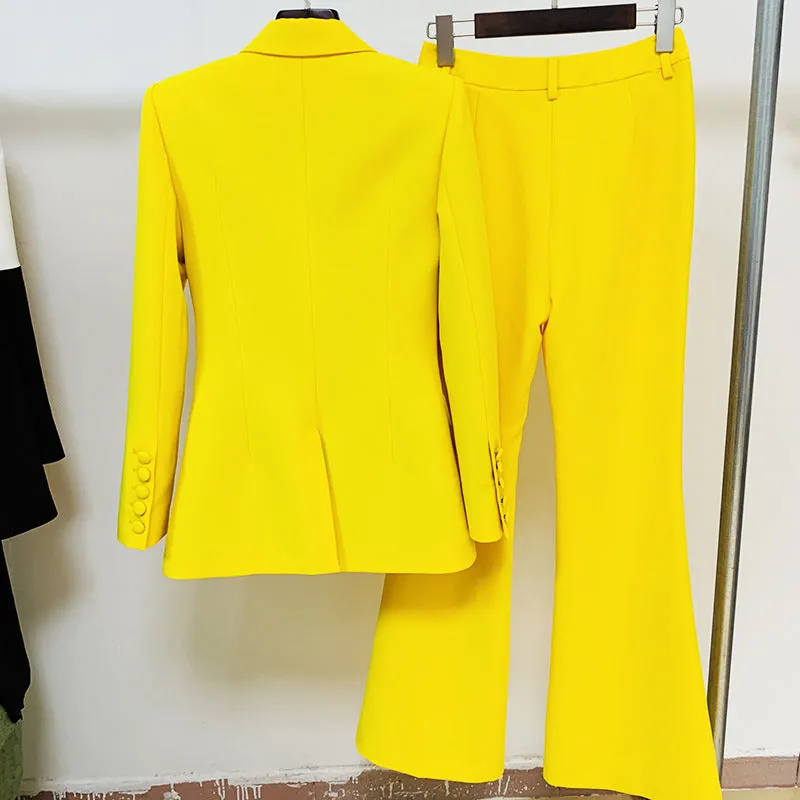 Women One-Button Blazer   Flare Trousers Suit - 6 Colors Available