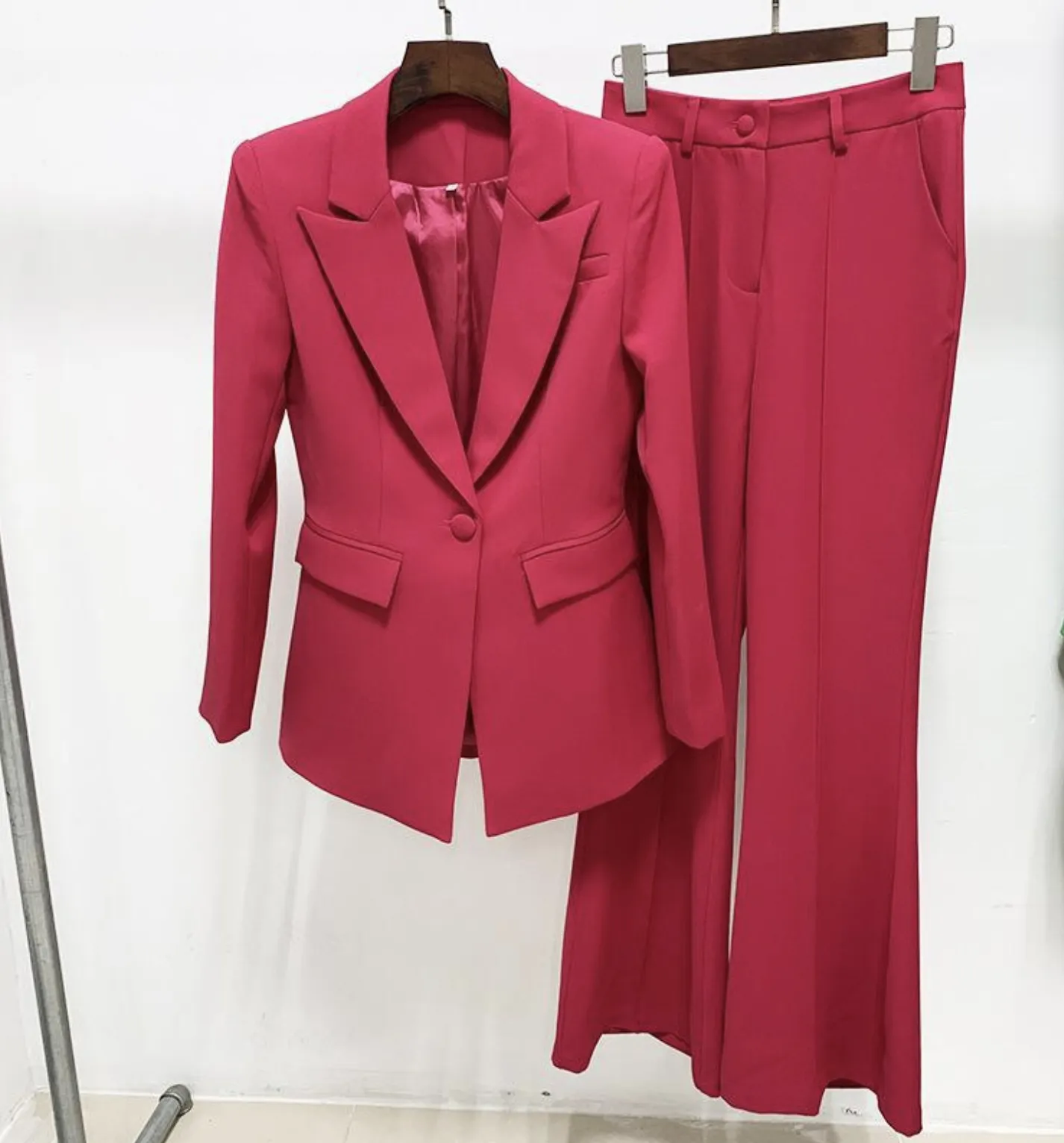 Women One-Button Blazer   Flare Trousers Suit - 6 Colors Available