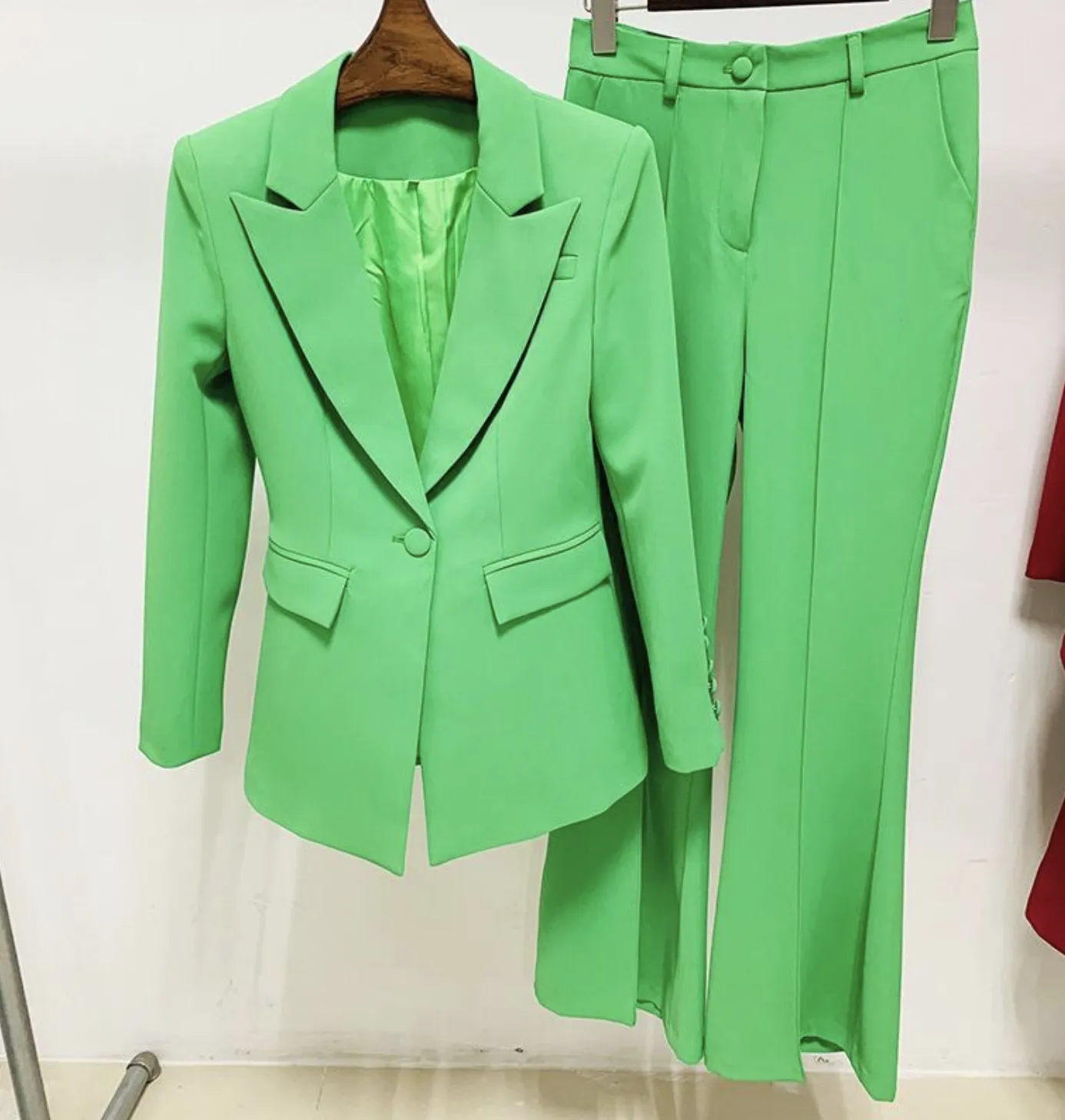 Women One-Button Blazer   Flare Trousers Suit - 6 Colors Available