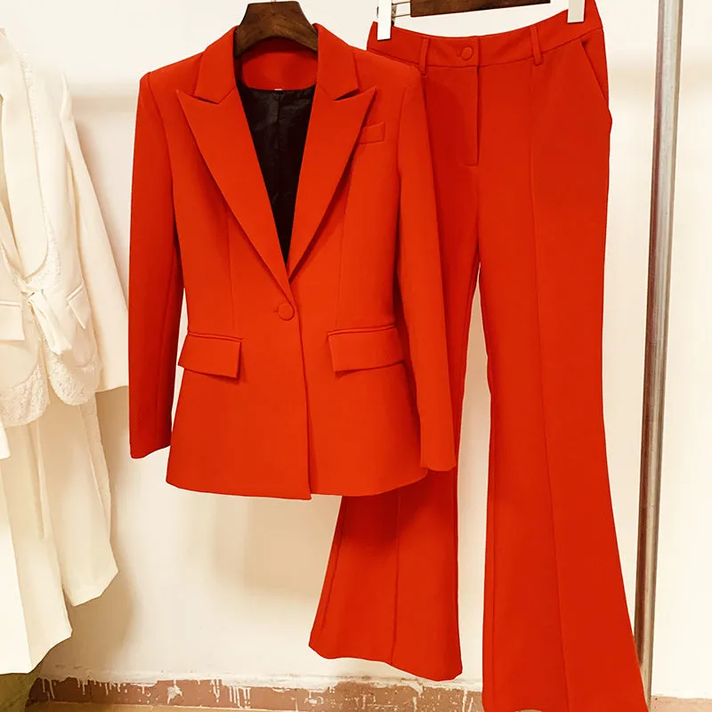 Women One-Button Blazer   Flare Trousers Suit - 6 Colors Available