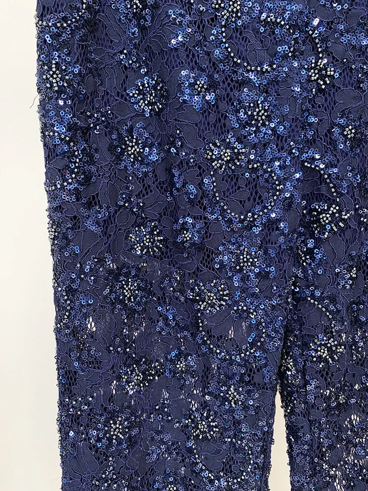 Women Sequinned Mesh Lace Bohemian Style  Flare Trousers Pants Navy Suit