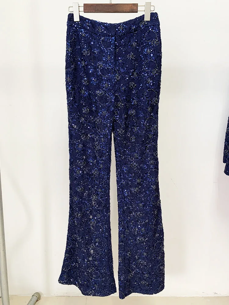 Women Sequinned Mesh Lace Bohemian Style  Flare Trousers Pants Navy Suit