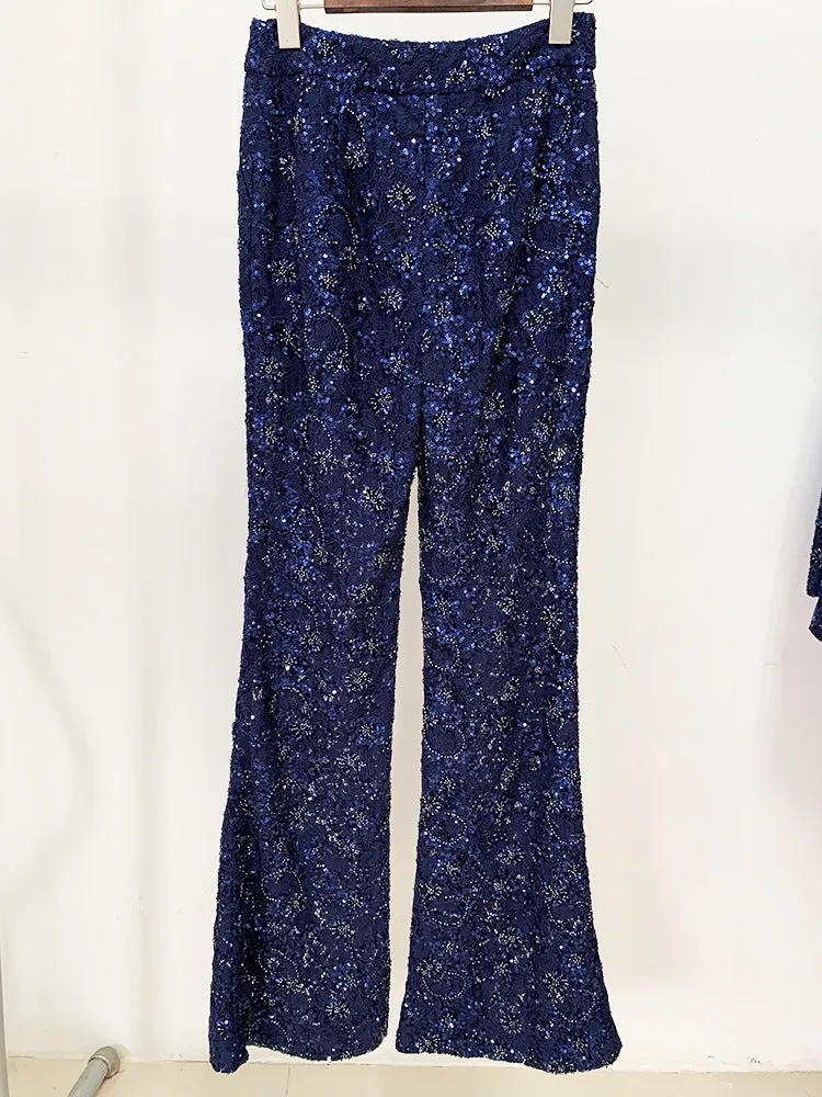 Women Sequinned Mesh Lace Bohemian Style  Flare Trousers Pants Navy Suit