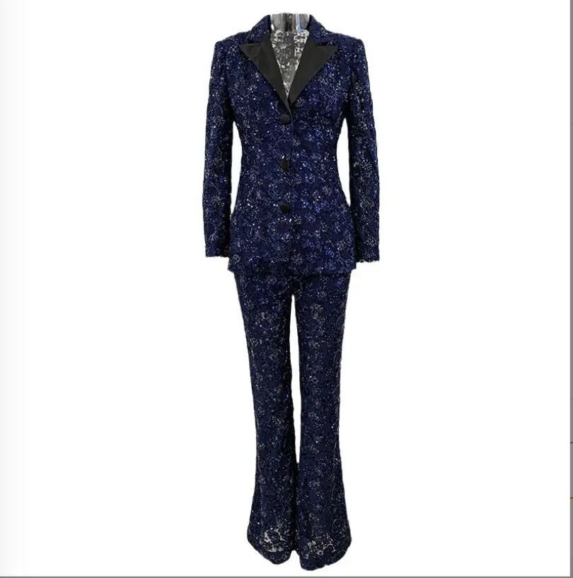 Women Sequinned Mesh Lace Bohemian Style  Flare Trousers Pants Navy Suit