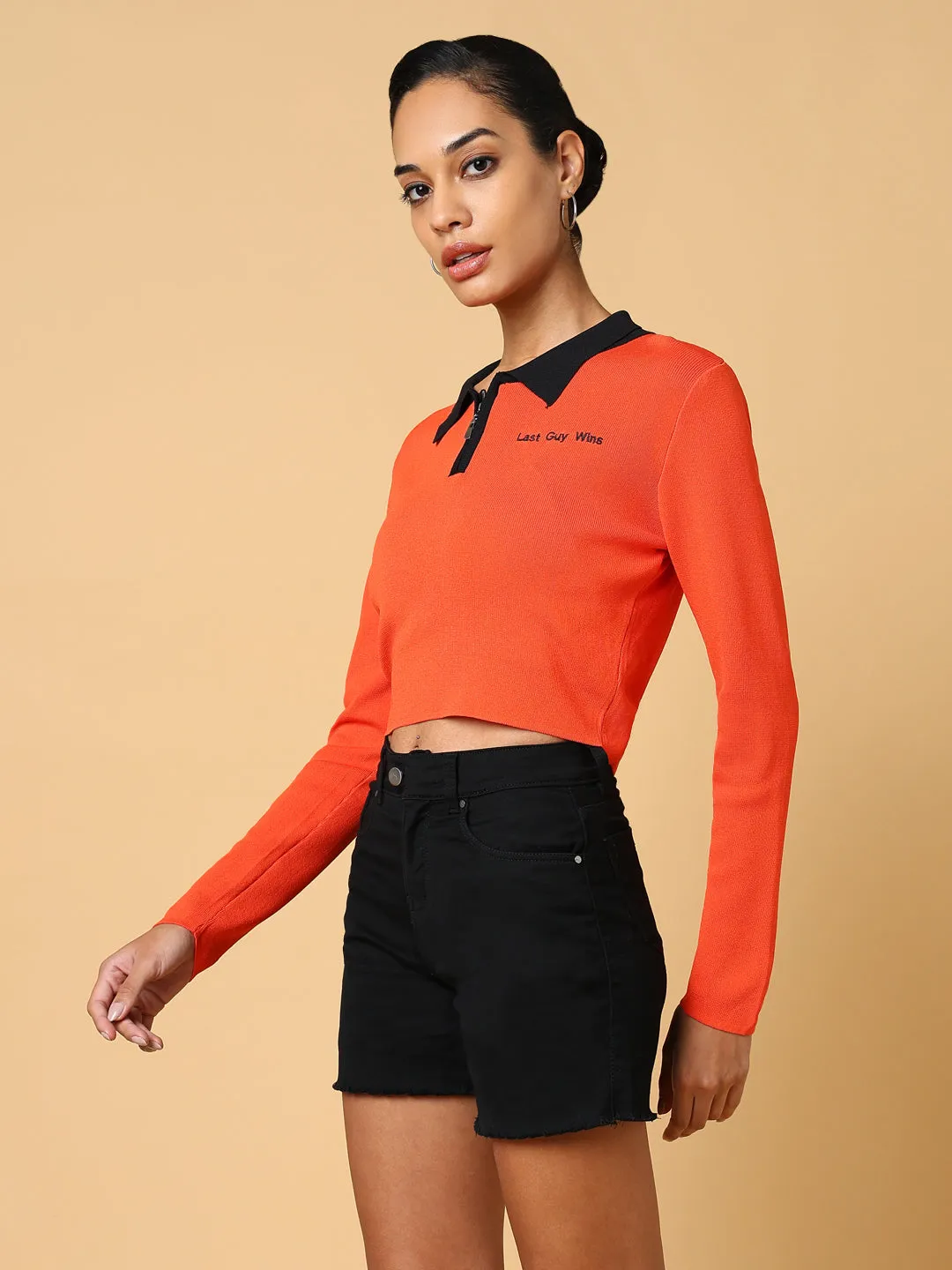 Women Solid Orange Fitted Crop Top