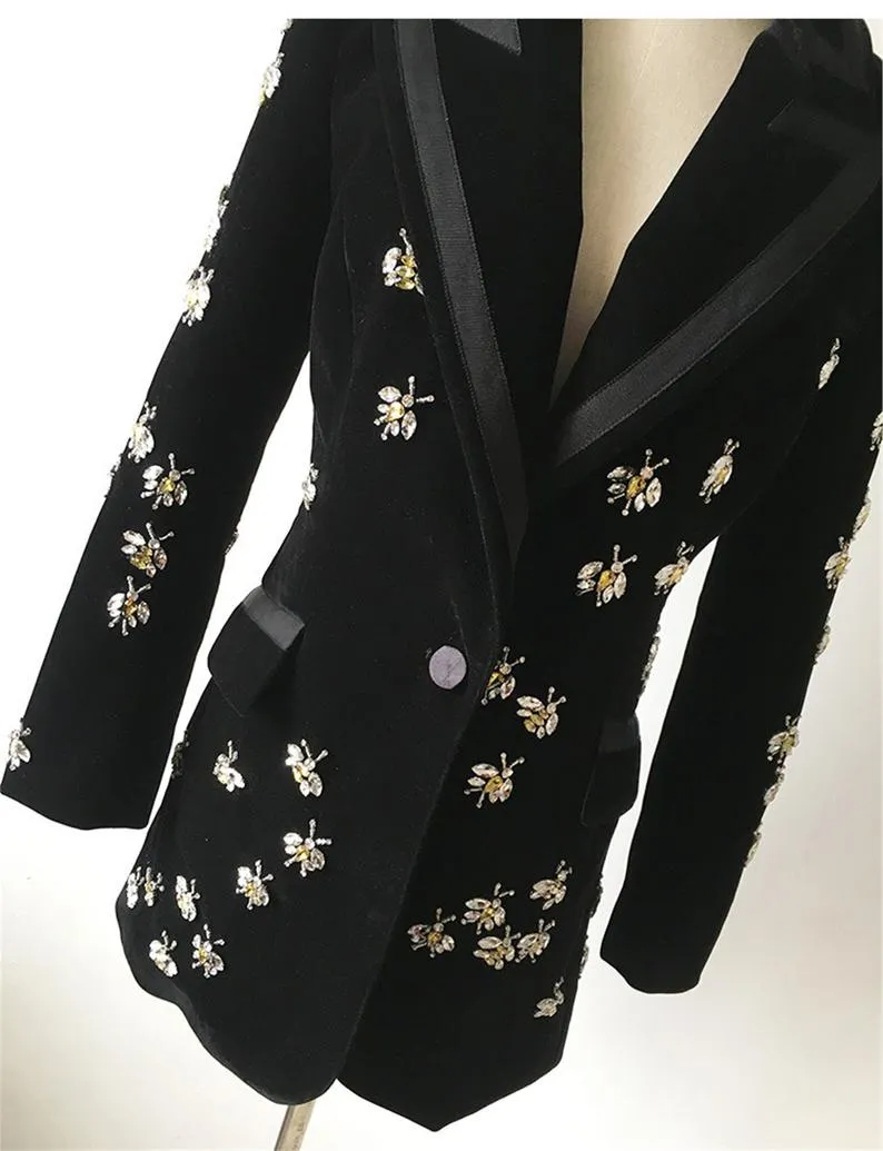 Women Velvet Black Blazer with Jewellery Bees Embroidery