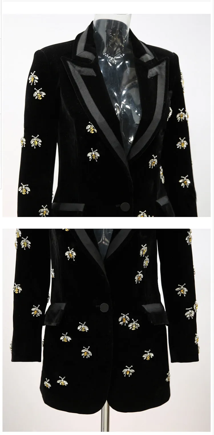 Women Velvet Black Blazer with Jewellery Bees Embroidery