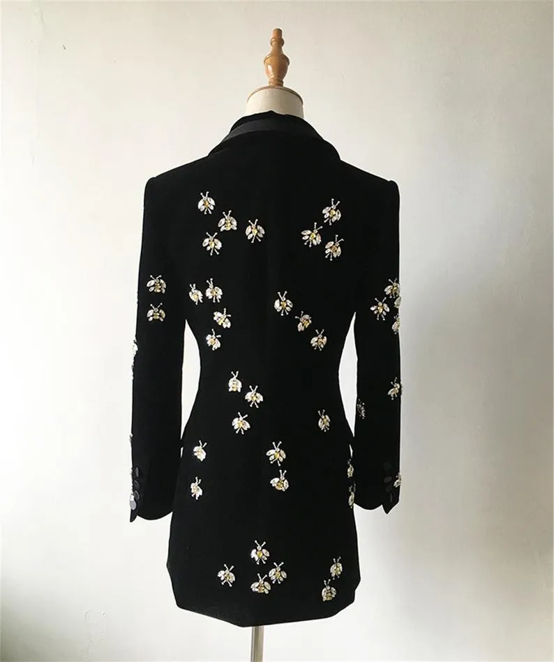 Women Velvet Black Blazer with Jewellery Bees Embroidery