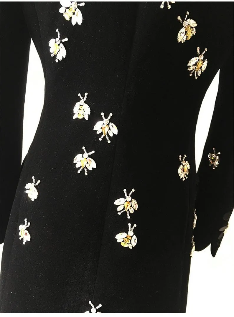 Women Velvet Black Blazer with Jewellery Bees Embroidery