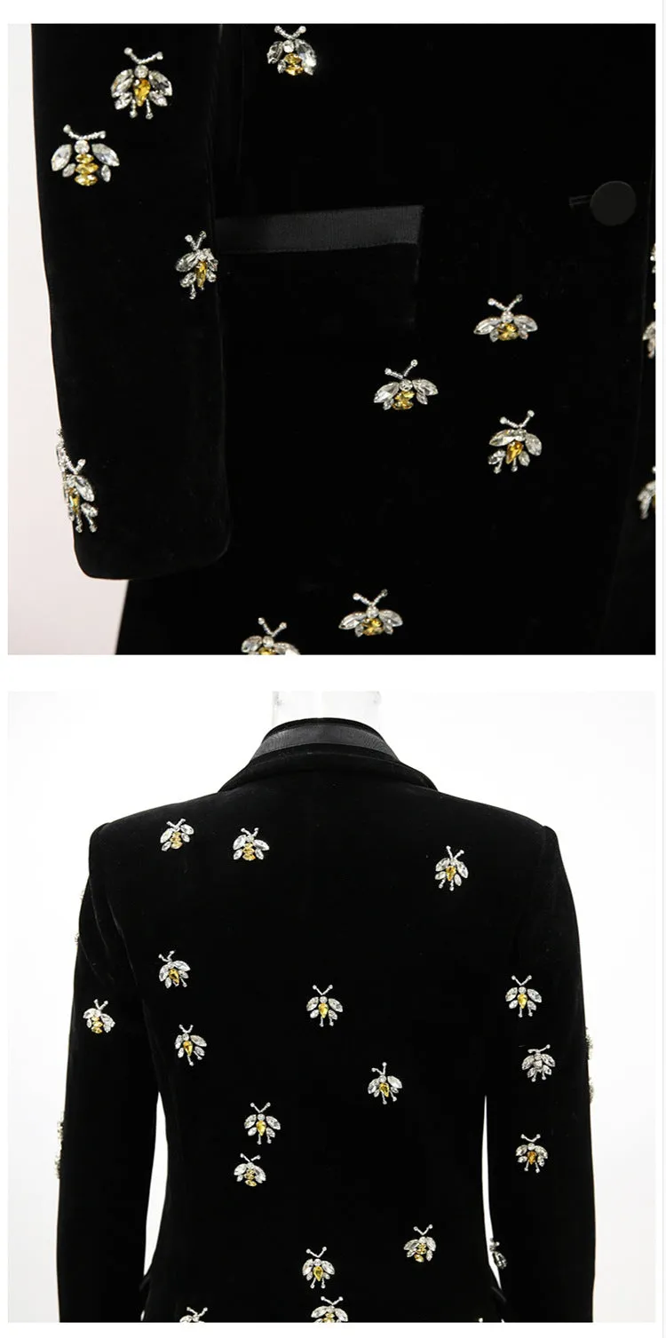 Women Velvet Black Blazer with Jewellery Bees Embroidery