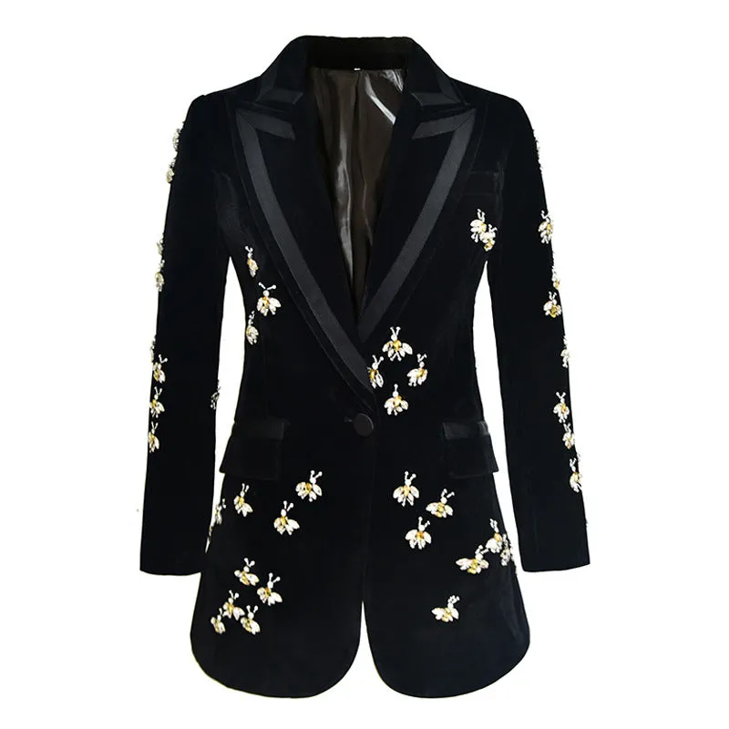 Women Velvet Black Blazer with Jewellery Bees Embroidery