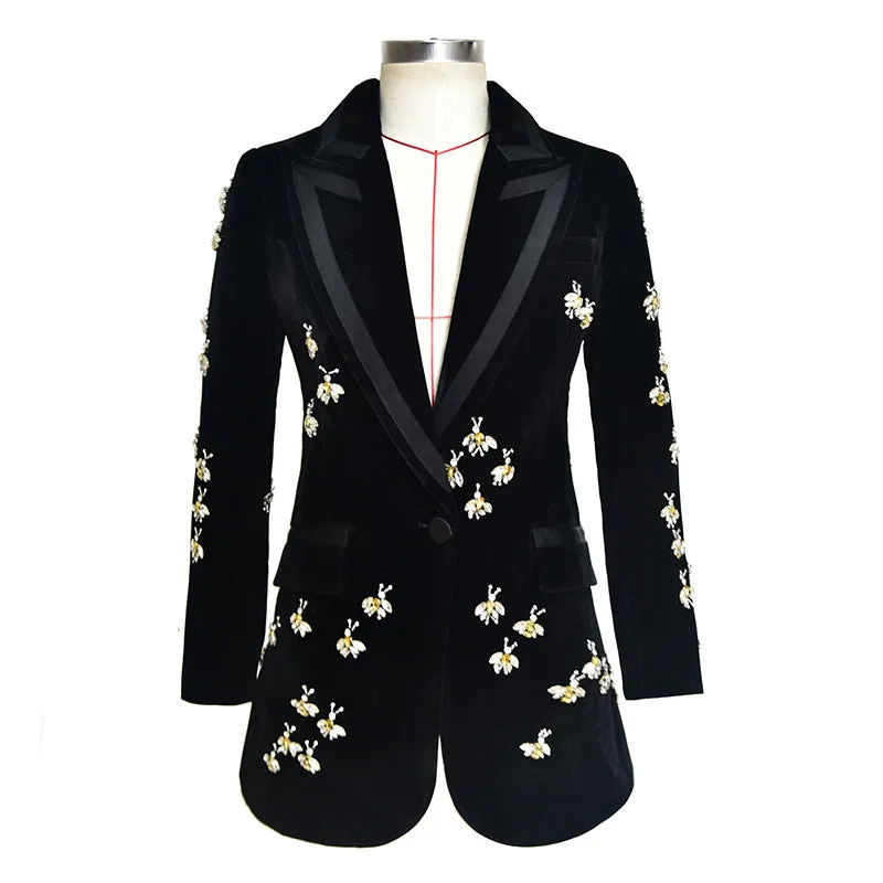 Women Velvet Black Blazer with Jewellery Bees Embroidery