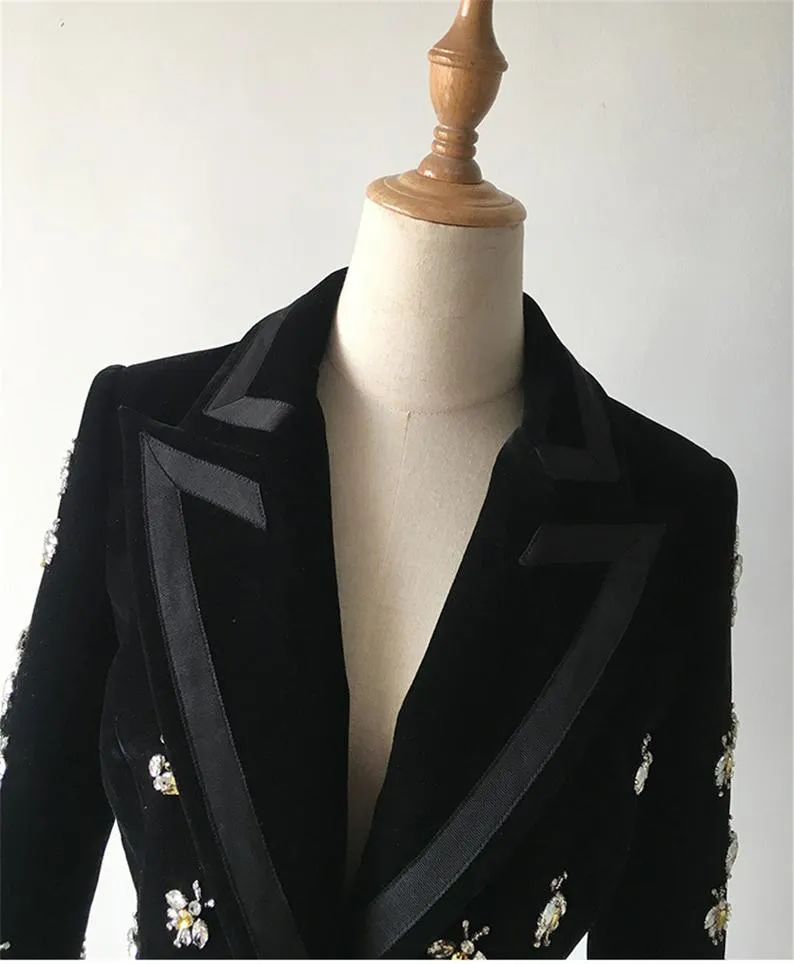 Women Velvet Black Blazer with Jewellery Bees Embroidery