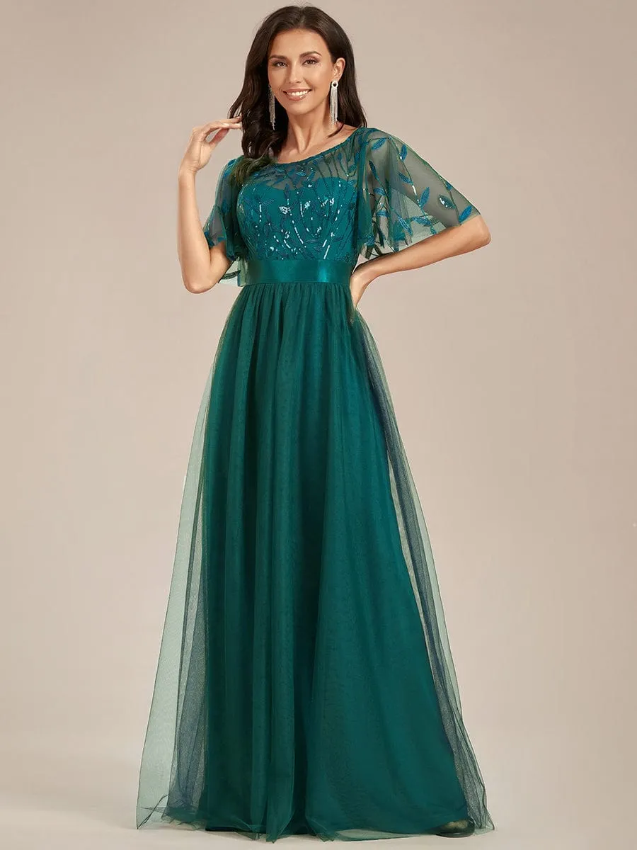 Women's A-Line Sequin Leaf Maxi Prom Dress with Sleeves