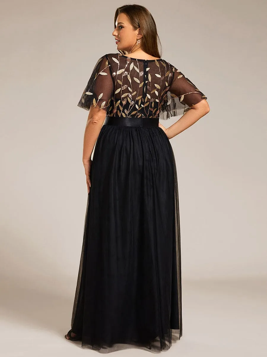 Women's A-Line Sequin Leaf Maxi Prom Dress with Sleeves