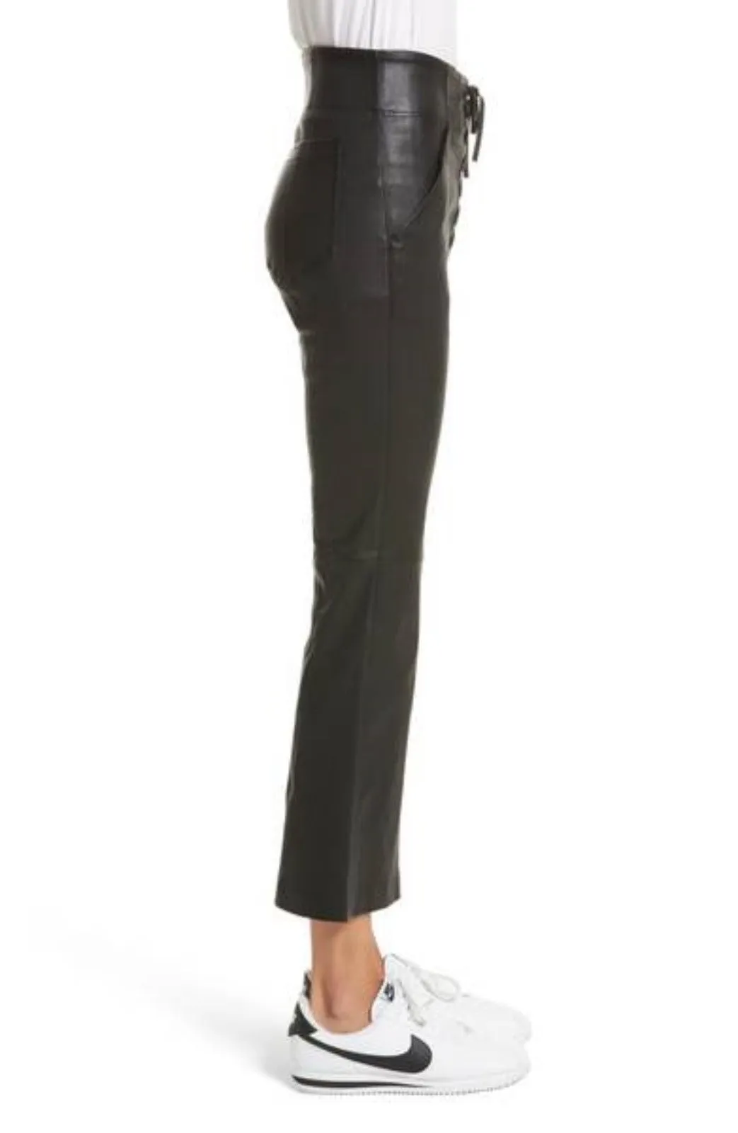 Women's Black Leather Capri Pants with Lace WP10