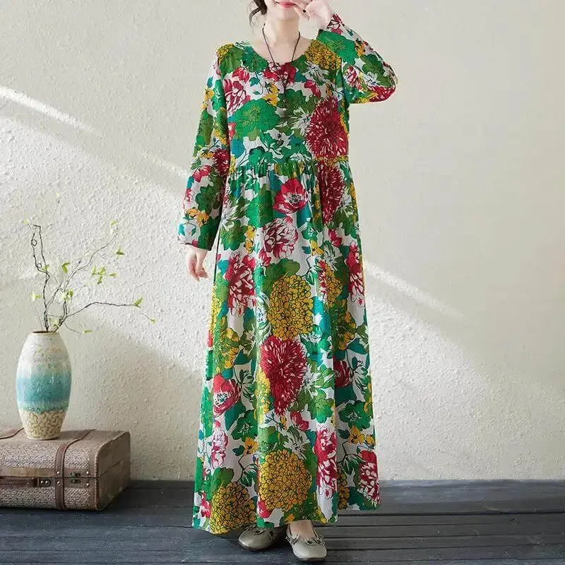 Women's Bohemian Green Floral Print Cotton Dress