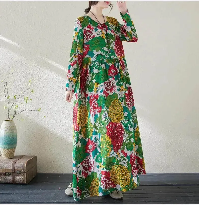 Women's Bohemian Green Floral Print Cotton Dress