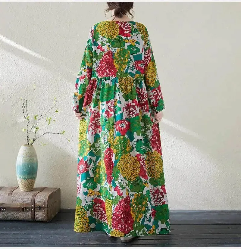 Women's Bohemian Green Floral Print Cotton Dress