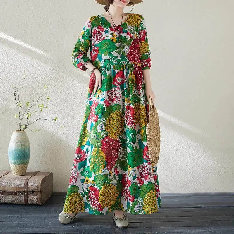 Women's Bohemian Green Floral Print Cotton Dress