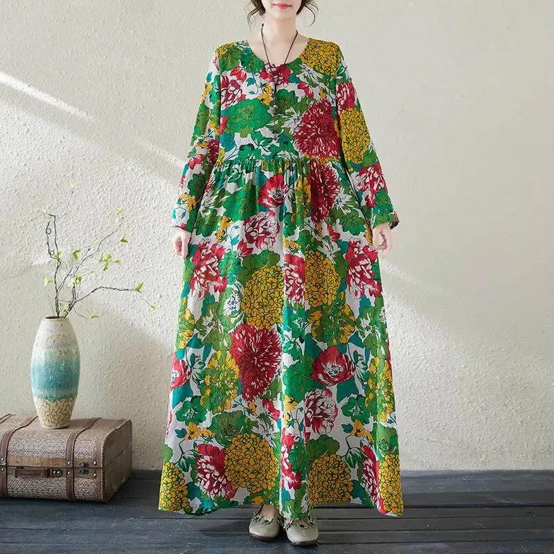 Women's Bohemian Green Floral Print Cotton Dress