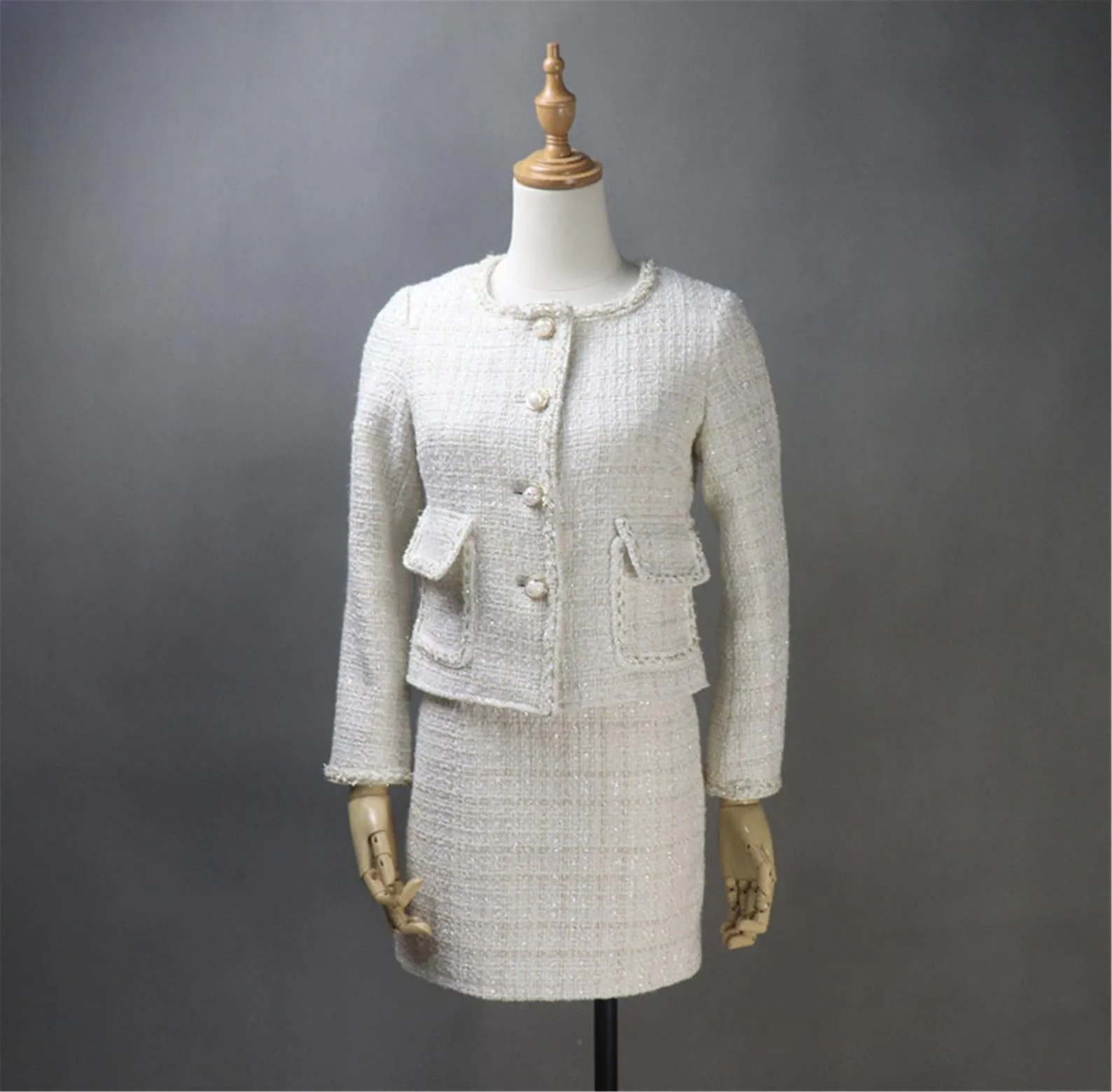 Women's Custom Made Beige Tweed Blazer Coat  Skirt Suit