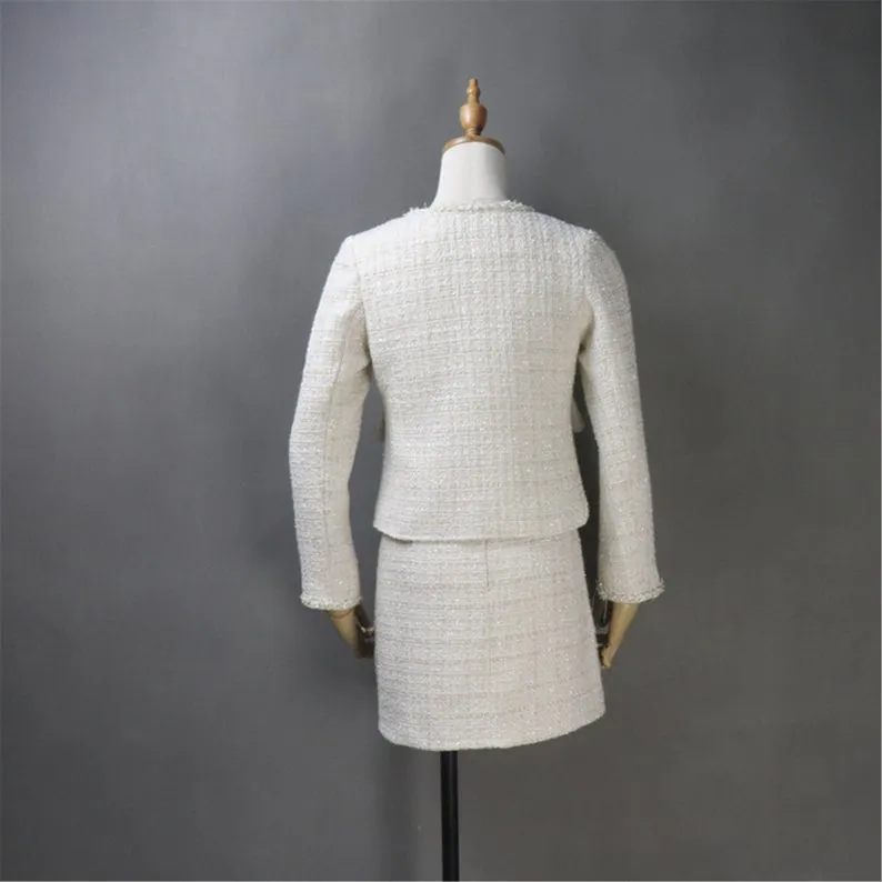 Women's Custom Made Beige Tweed Blazer Coat  Skirt Suit