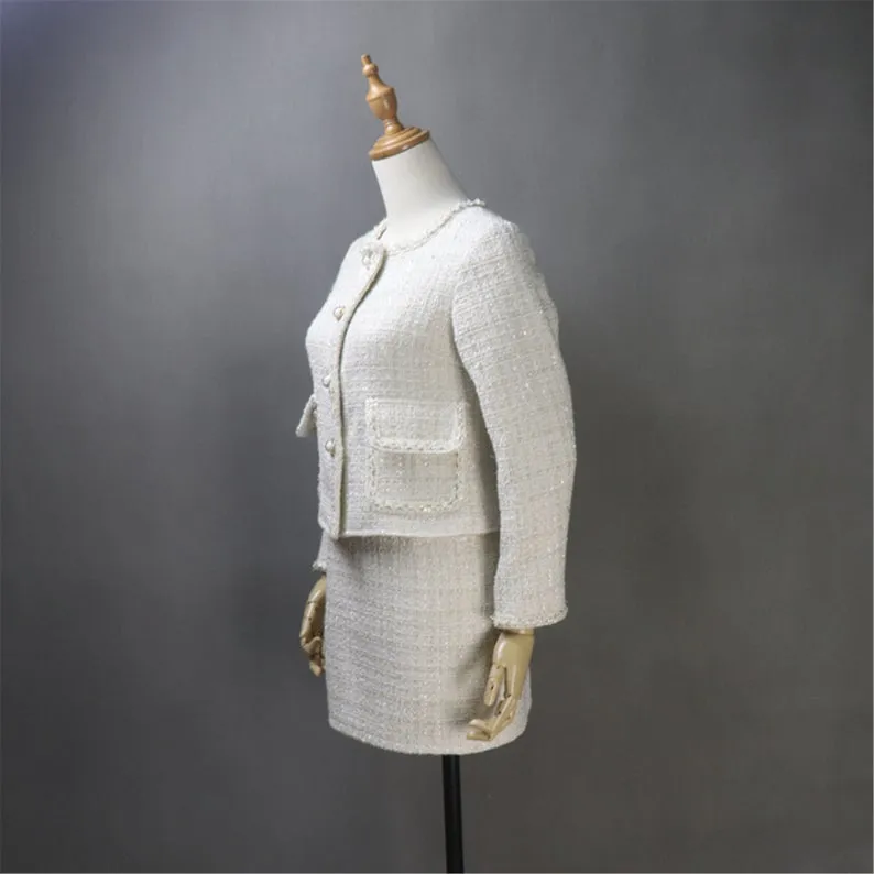 Women's Custom Made Beige Tweed Blazer Coat  Skirt Suit