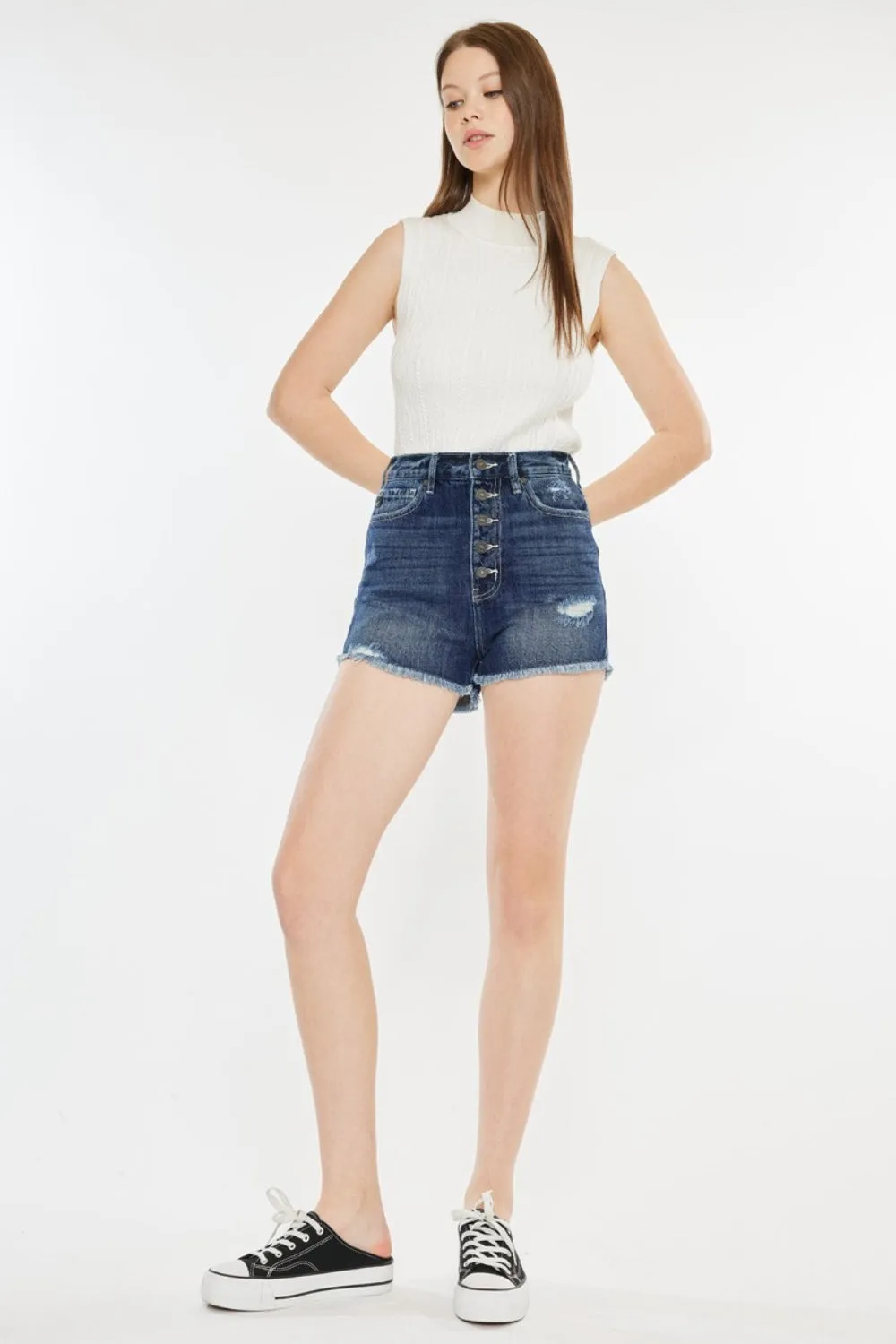 Women's Denim Shorts with Raw Hem and Button Fly