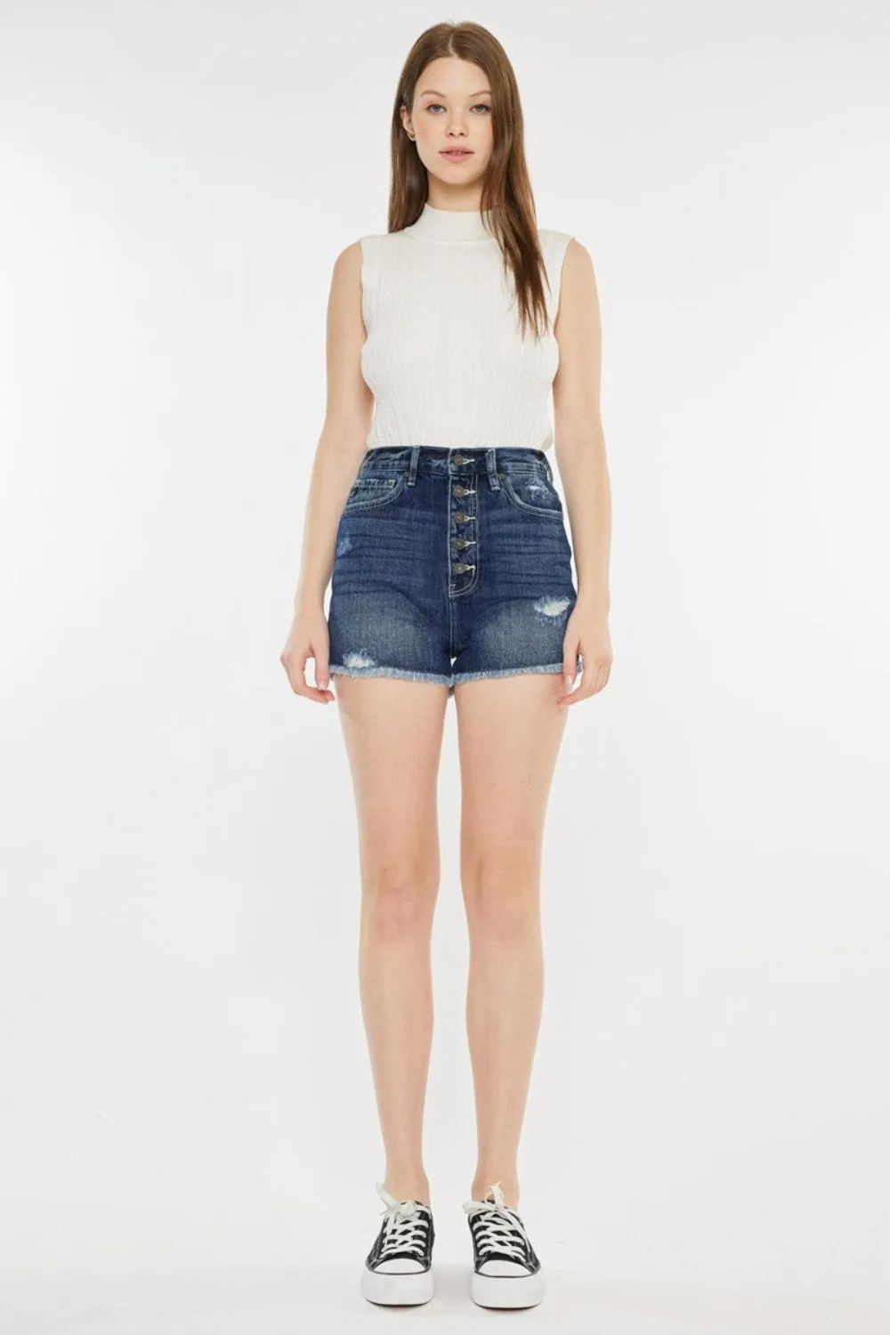 Women's Denim Shorts with Raw Hem and Button Fly