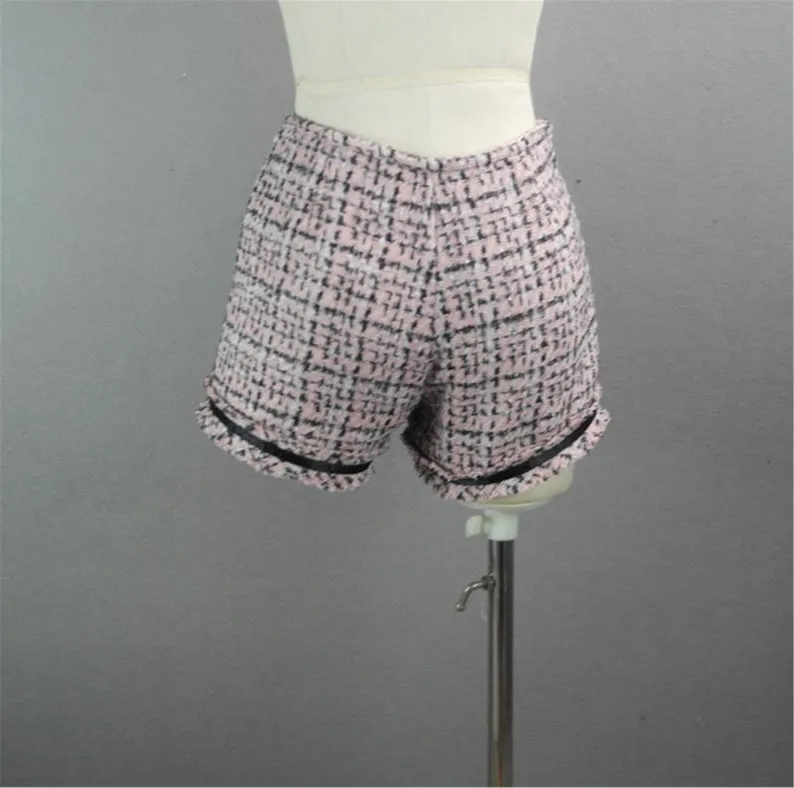 Women's Designer Inspired CUSTOM MADE Hand Made Checked Tweed Jacket Coat Blazer   Shorts Pink