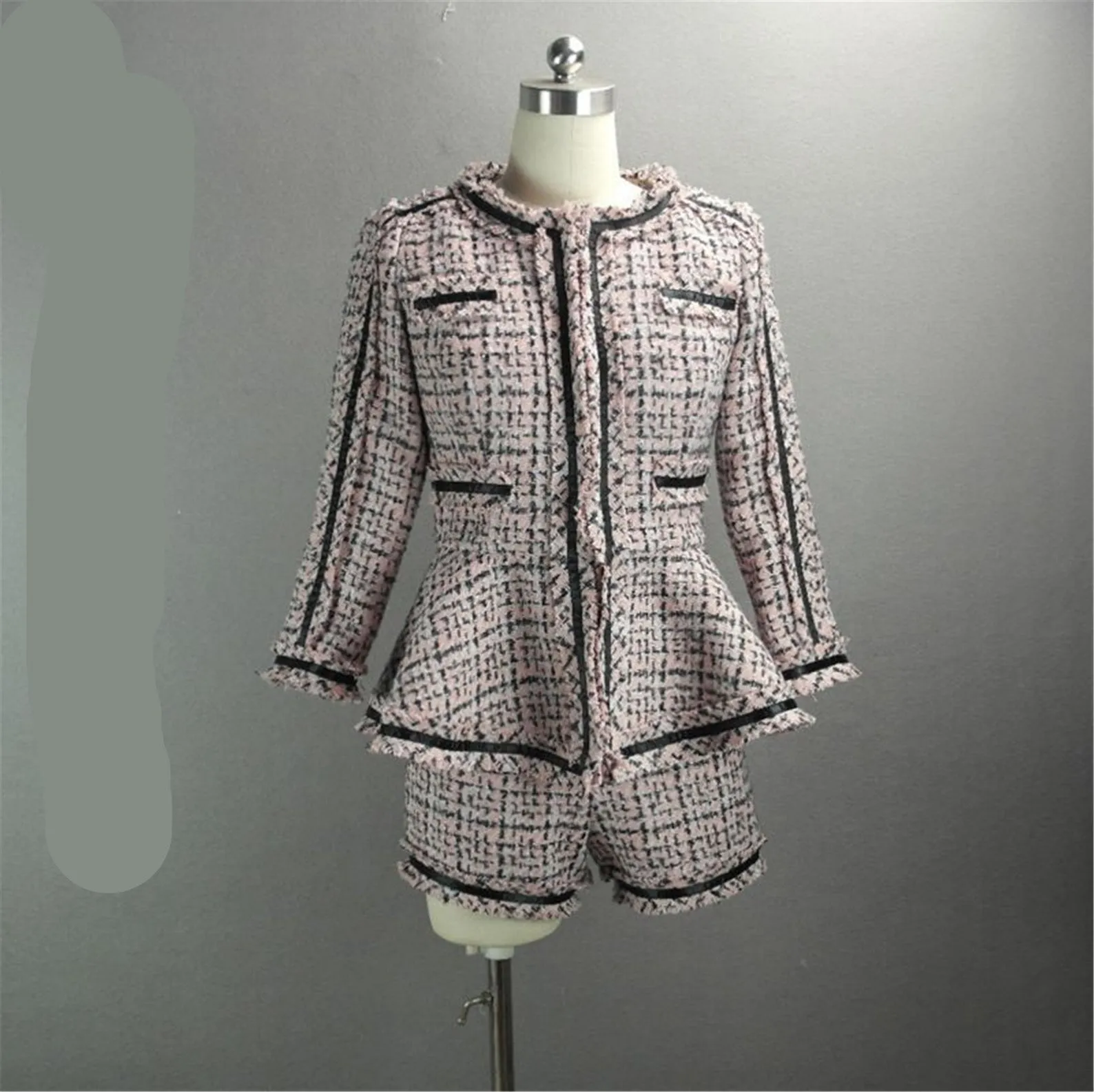 Women's Designer Inspired CUSTOM MADE Hand Made Checked Tweed Jacket Coat Blazer   Shorts Pink