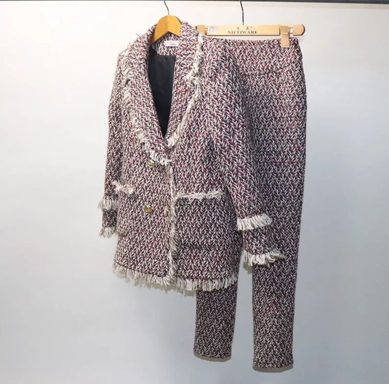 Women's Designer Inspired CUSTOM MADE Tassel Tweed Jacket Coat Blazer Trousers