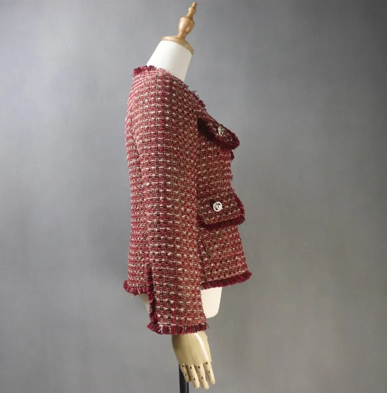 Women's HandMade Dark Red Tweed Jacket Coat Blazer