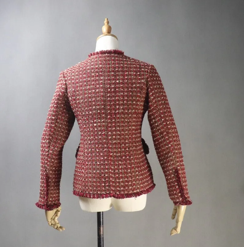 Women's HandMade Dark Red Tweed Jacket Coat Blazer