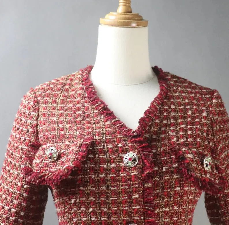 Women's HandMade Dark Red Tweed Jacket Coat Blazer