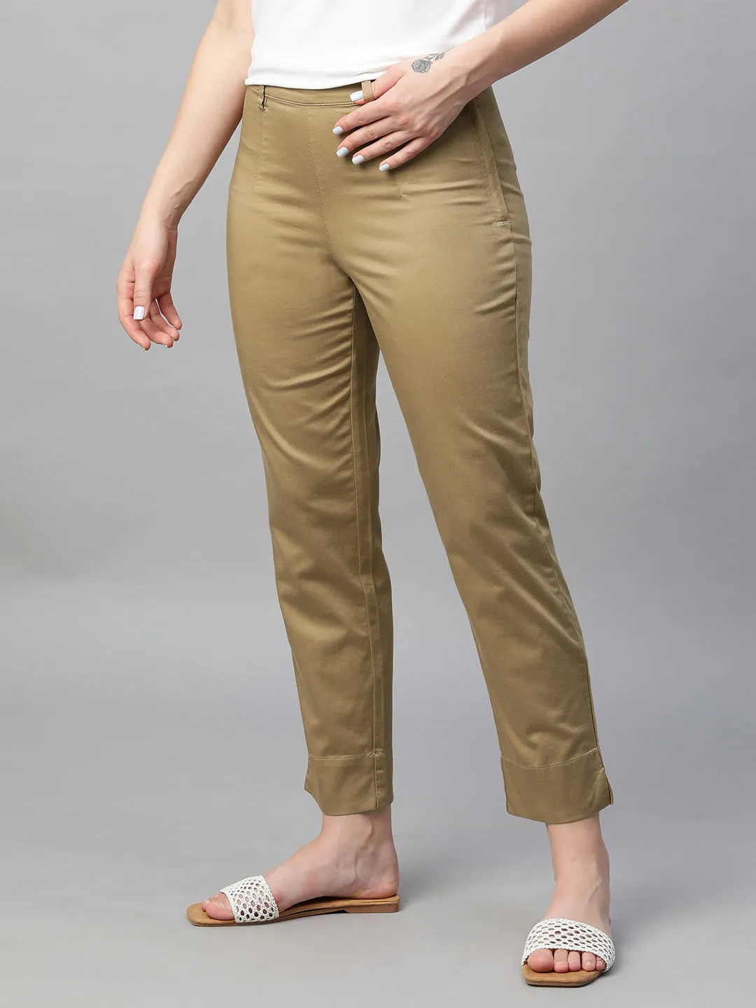 Women's Khaki Cotton Elastane Regular Fit Pant