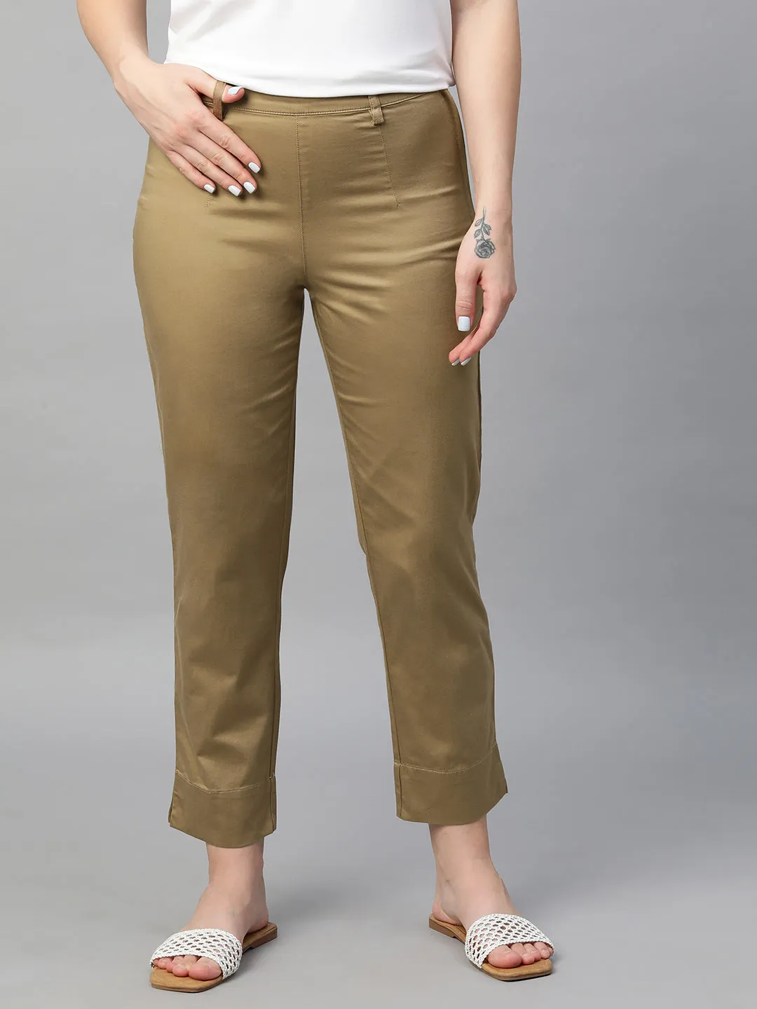 Women's Khaki Cotton Elastane Regular Fit Pant