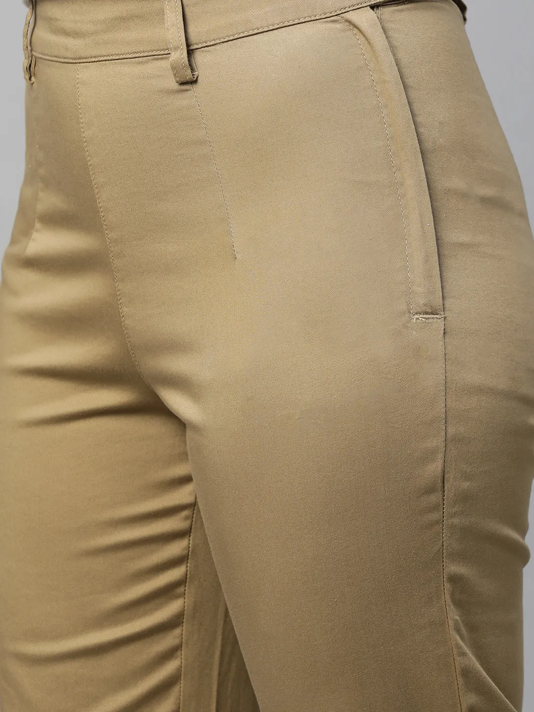 Women's Khaki Cotton Elastane Regular Fit Pant