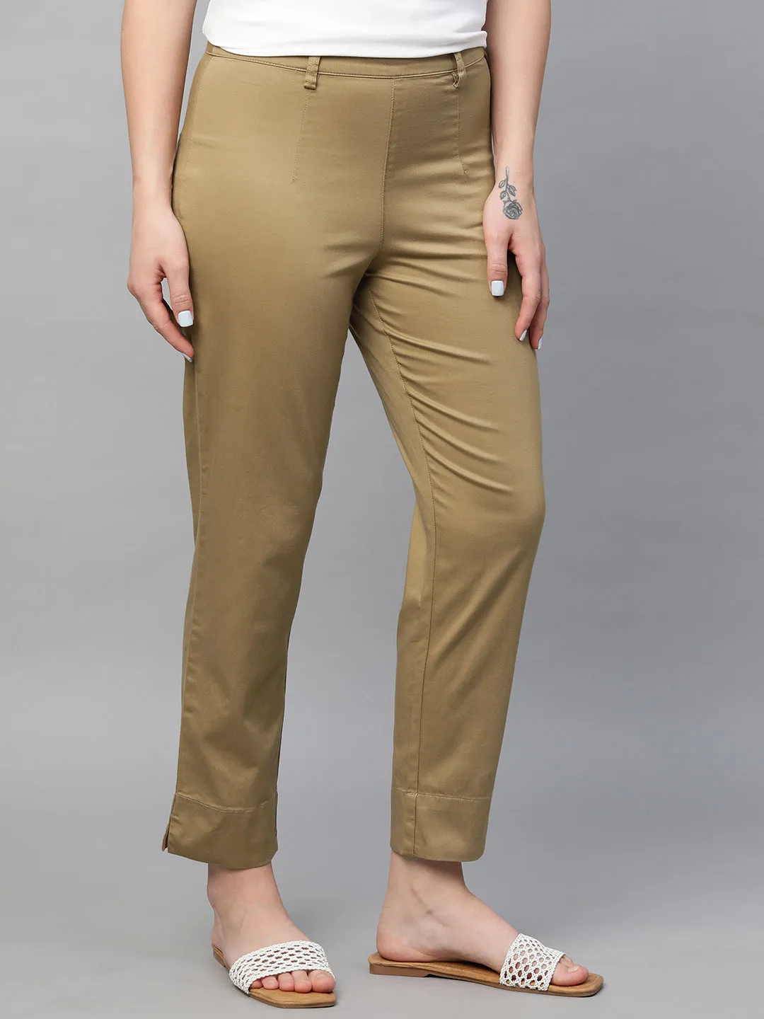 Women's Khaki Cotton Elastane Regular Fit Pant