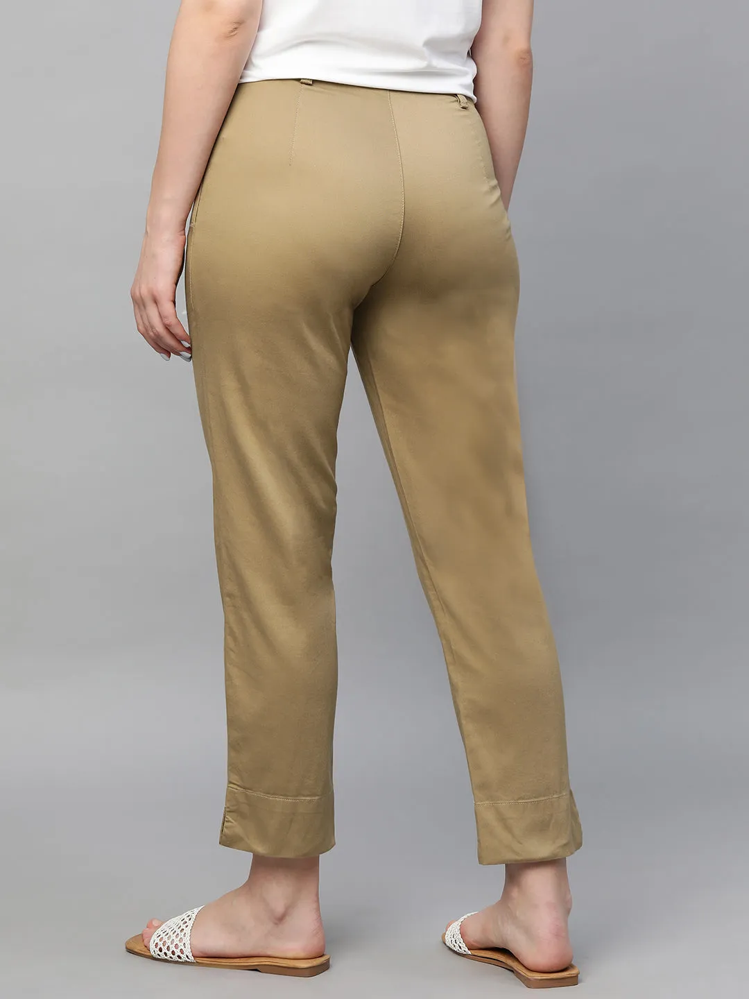 Women's Khaki Cotton Elastane Regular Fit Pant