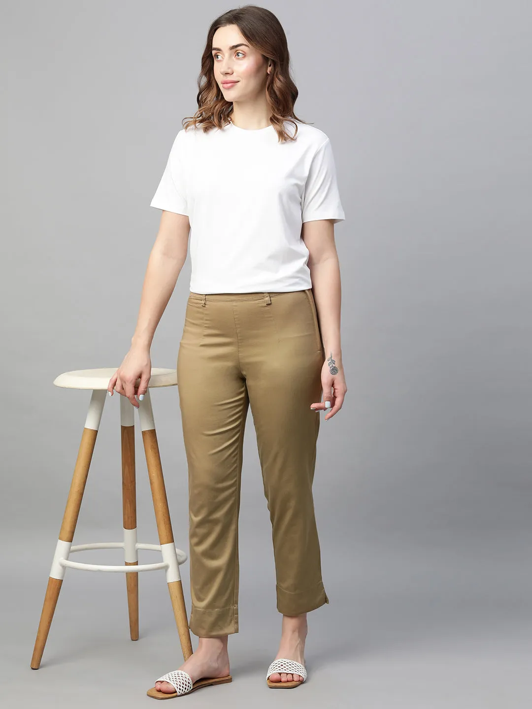 Women's Khaki Cotton Elastane Regular Fit Pant