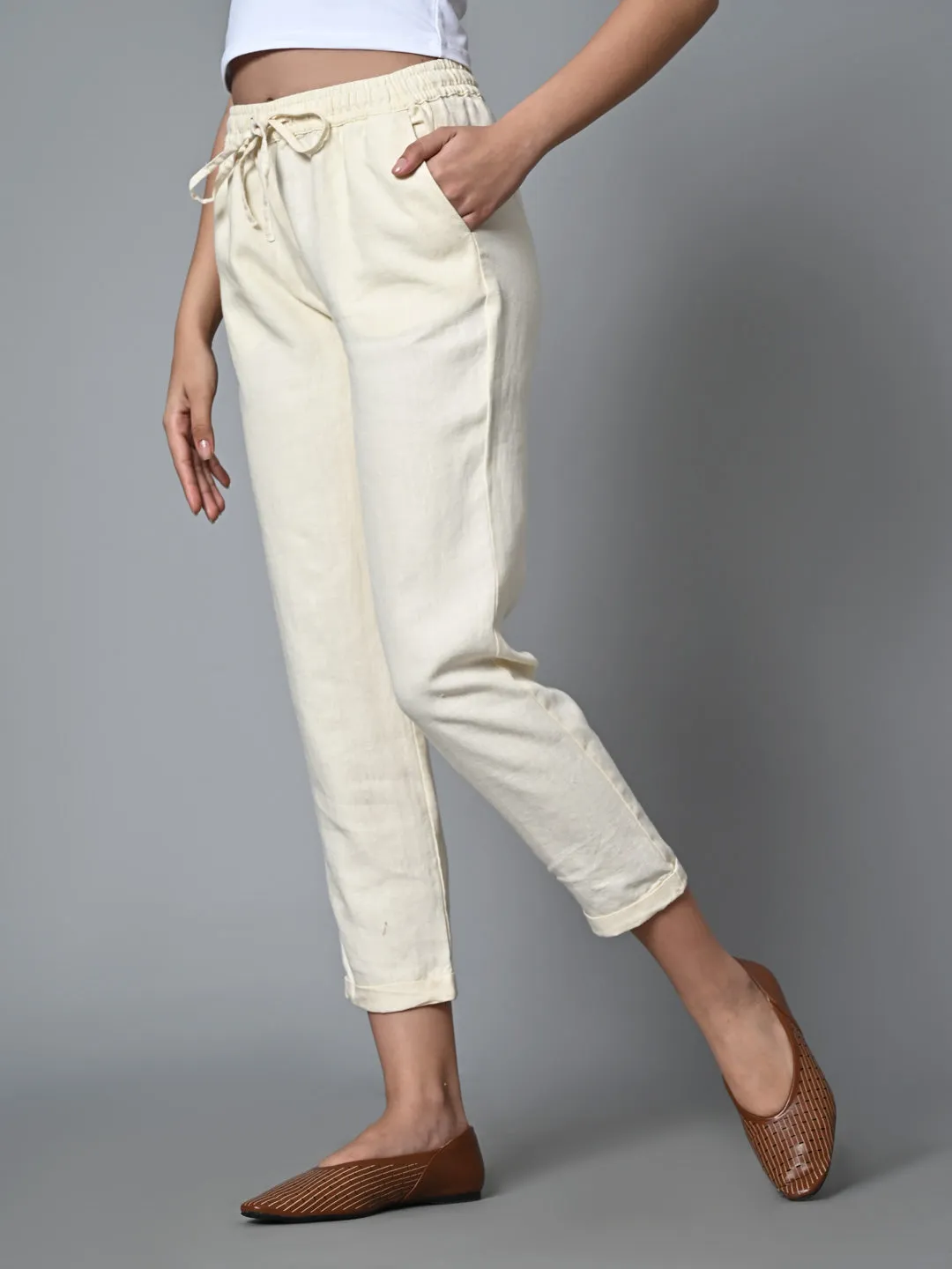 Women's Offwhite Linen Regular Fit Pant