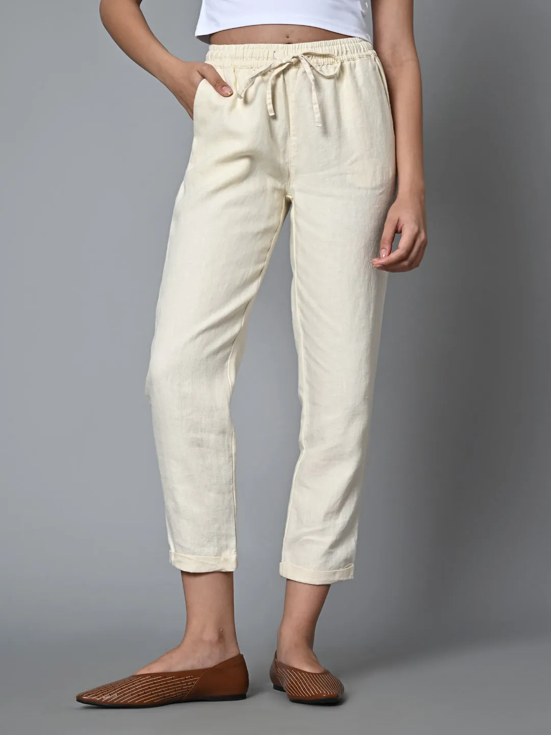 Women's Offwhite Linen Regular Fit Pant