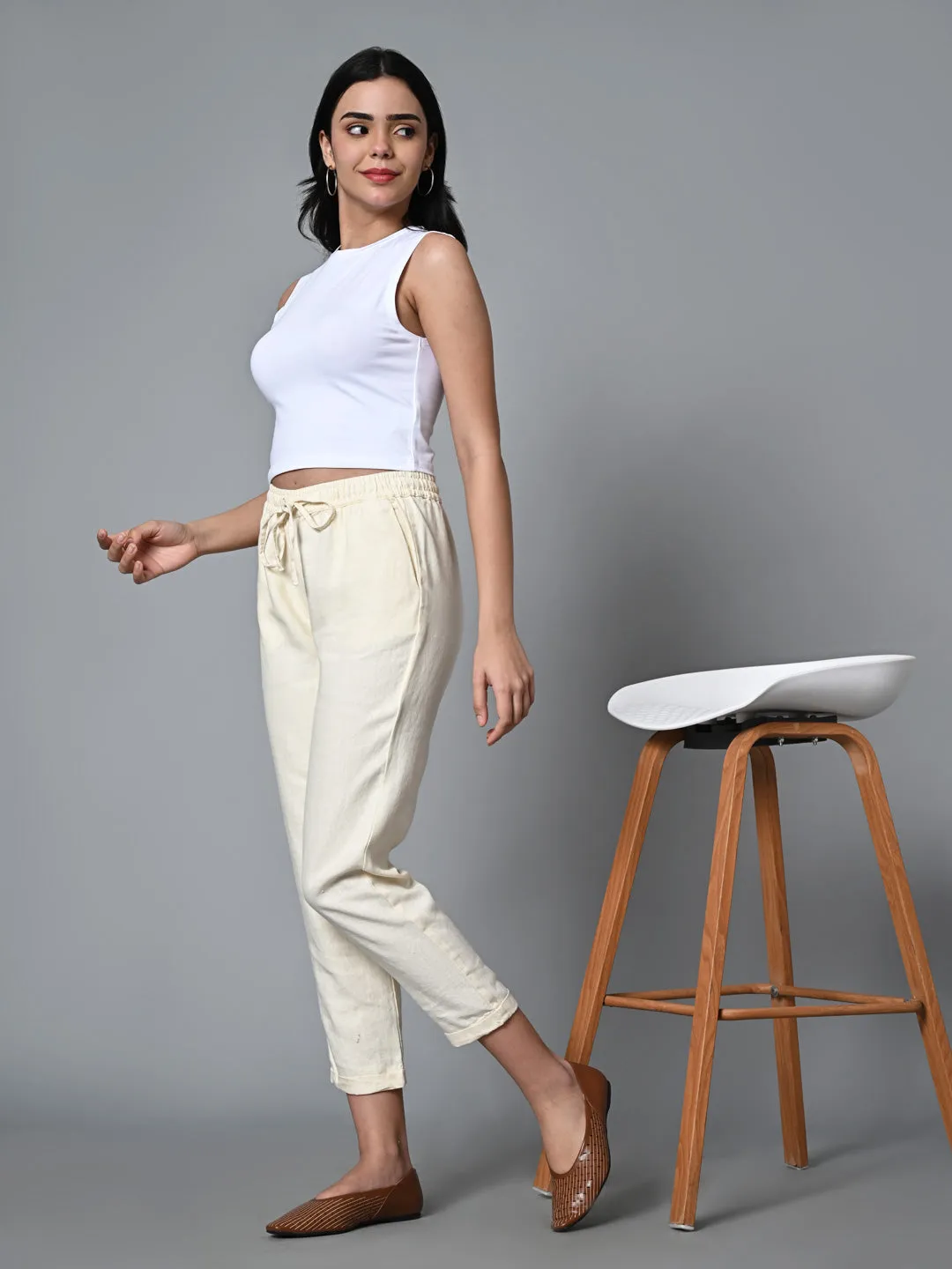 Women's Offwhite Linen Regular Fit Pant