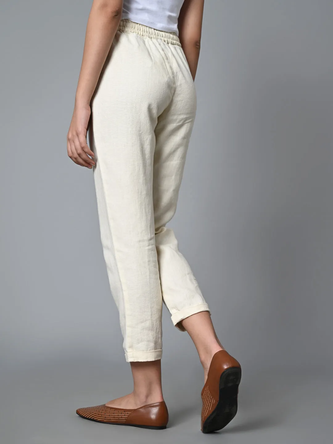 Women's Offwhite Linen Regular Fit Pant